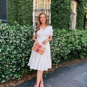 Gal Meets Glam White Linen Angela Dress Size 10 Midi Button Ruffle Boho GUC